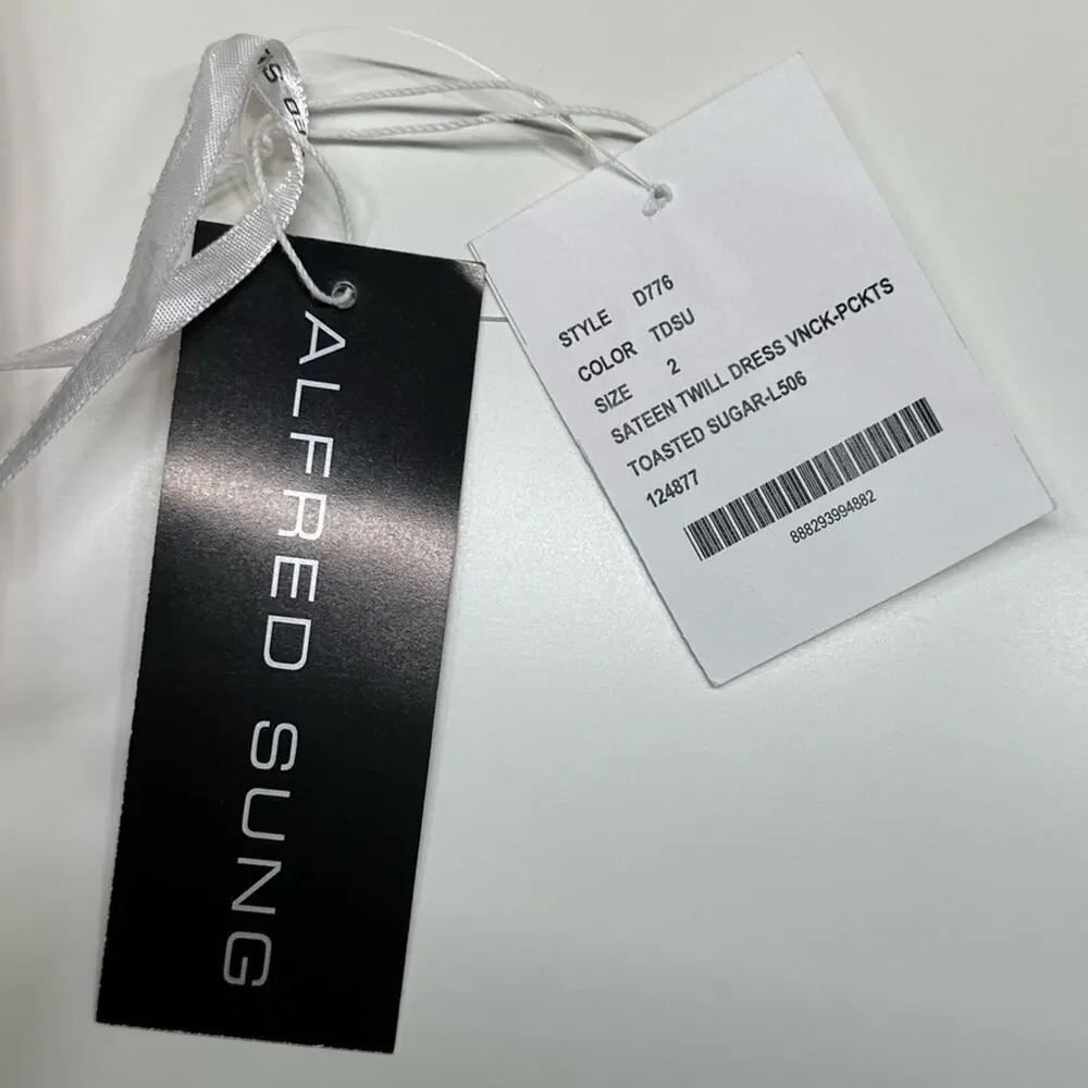 NWT | Alfred Sung | Sateen Twill Dress V-Neck w/ Pockets | Toasted Sugar | 2 - Picture 13 of 13
